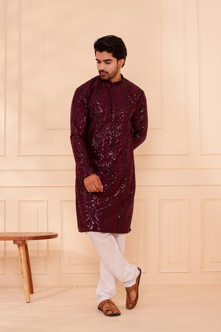 Plum Sequin Embroidery with Zari Weave Kurta Suit.