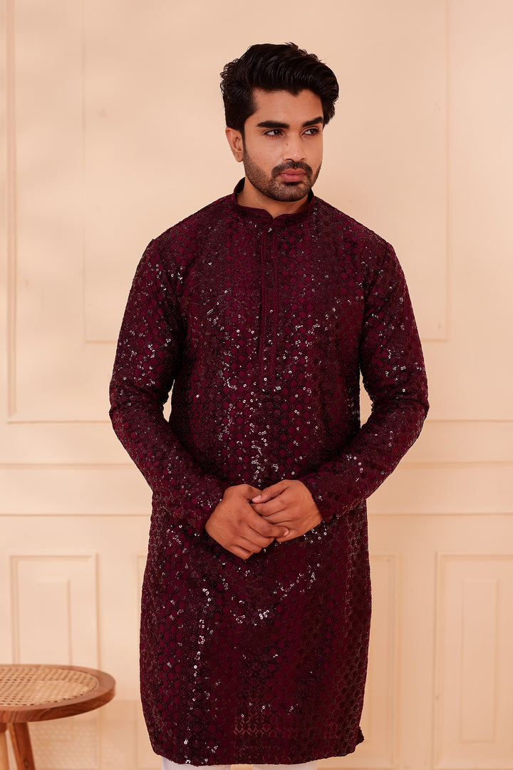 Plum Sequin Embroidery with Zari Weave Kurta Suit.