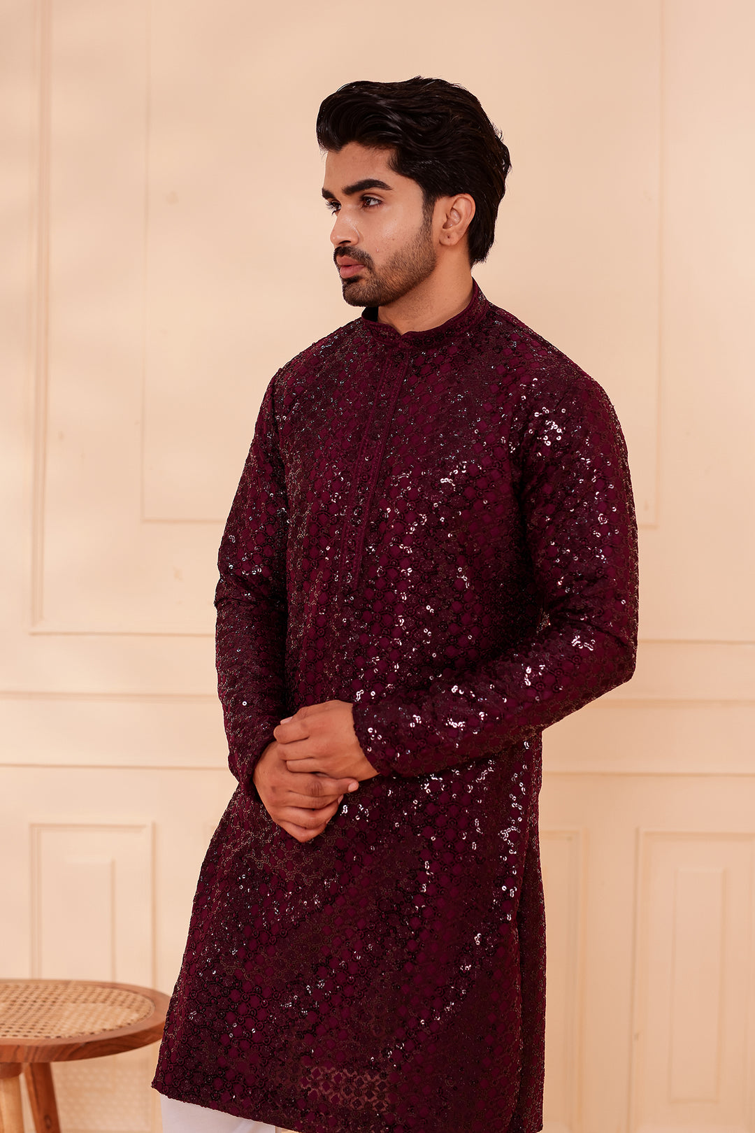 Plum Sequin Embroidery with Zari Weave Kurta Suit.