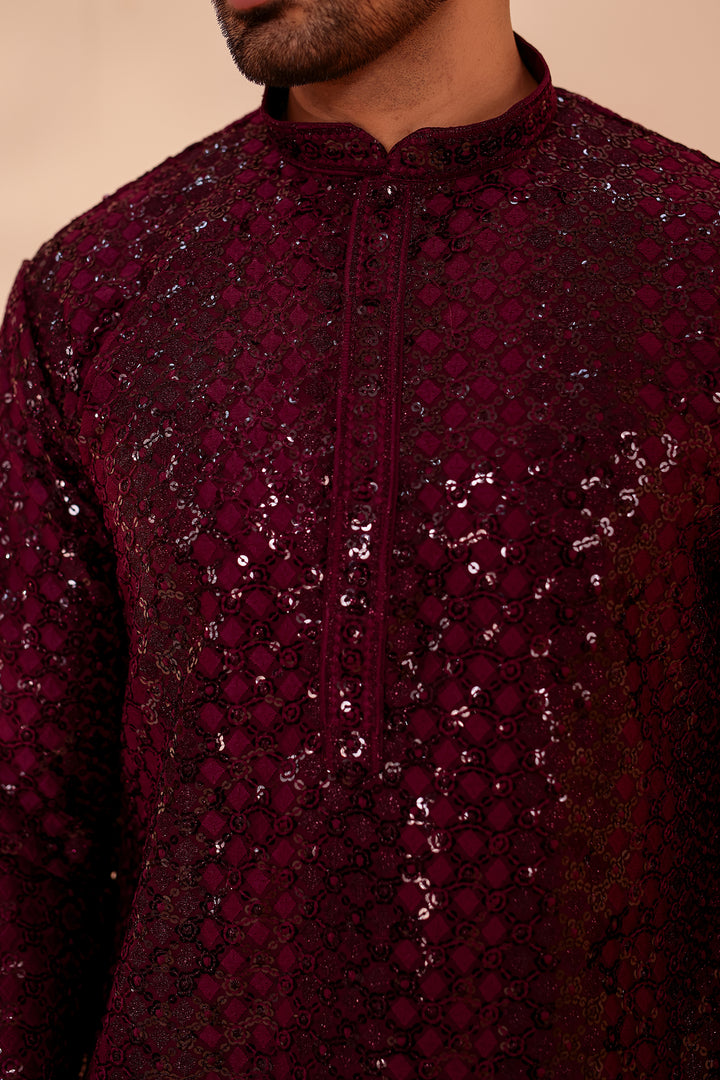 Plum Sequin Embroidery with Zari Weave Kurta Suit.