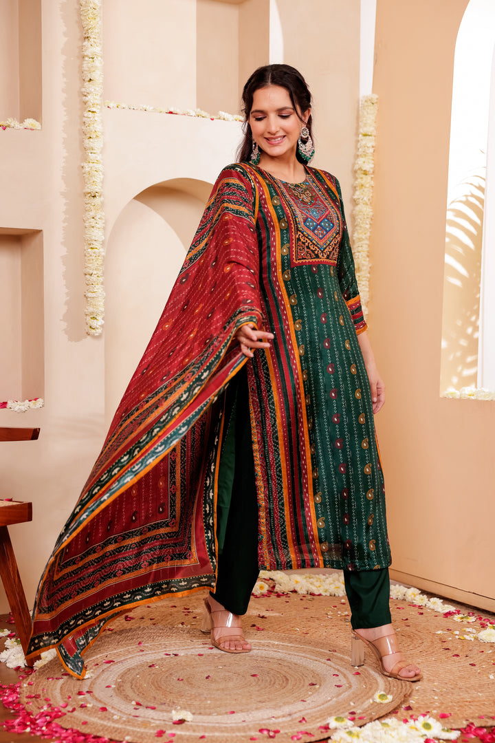 Bottle Green Muslin Silk Straight Cut Kurta Set