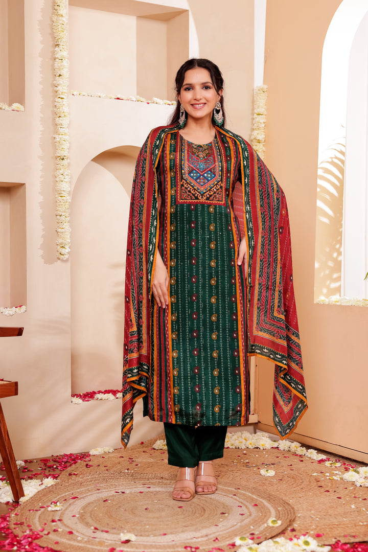 Bottle Green Muslin Silk Straight Cut Kurta Set