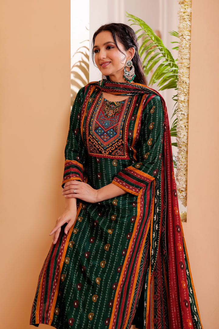 Bottle Green Muslin Silk Straight Cut Kurta Set