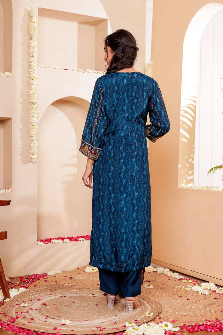 Blue Muslin Silk Straight Cut Kurta Set