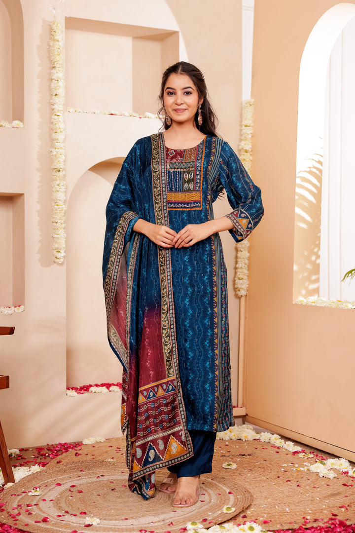 Blue Muslin Silk Straight Cut Kurta Set