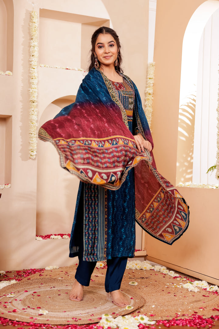 Blue Muslin Silk Straight Cut Kurta Set