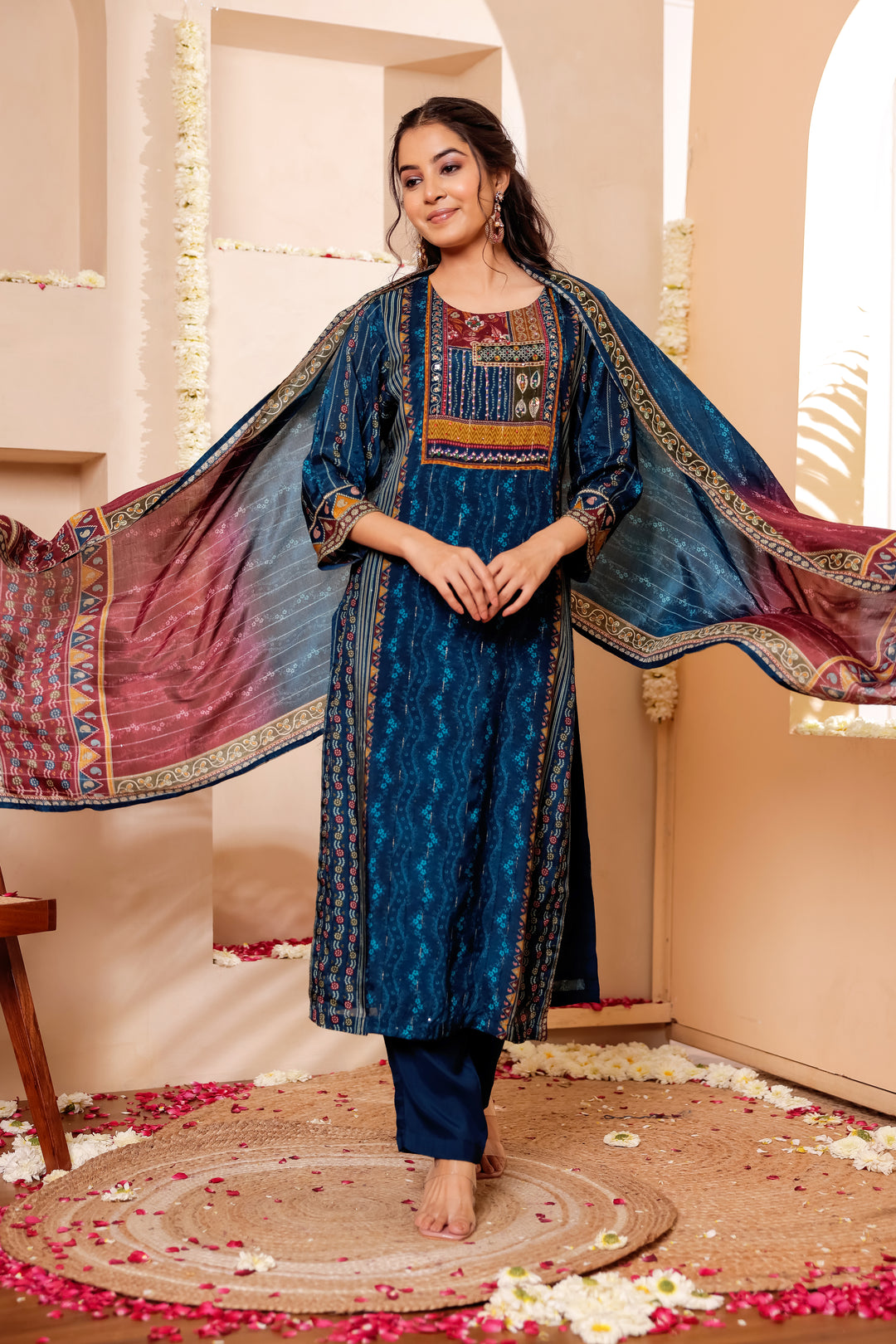 Blue Muslin Silk Straight Cut Kurta Set