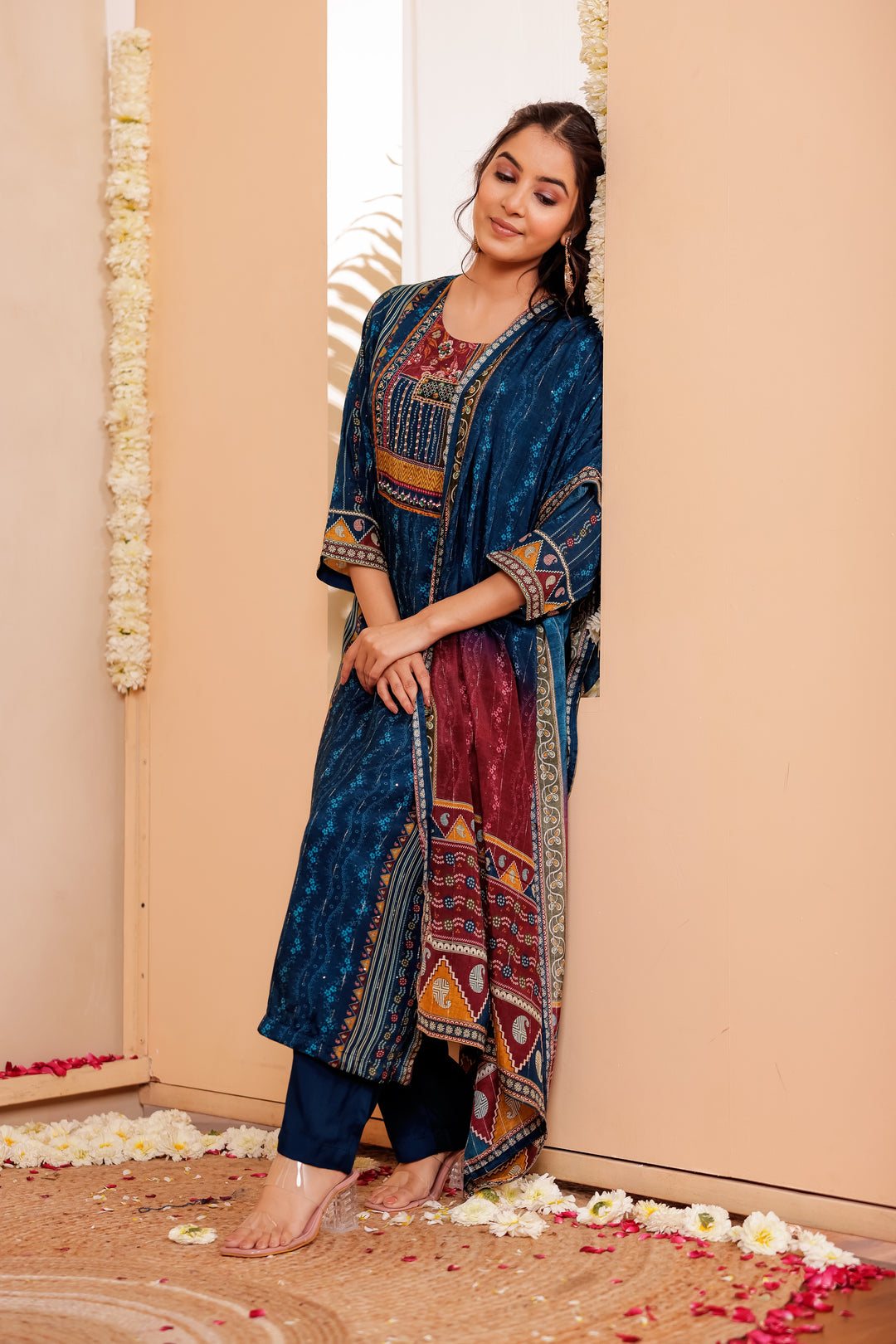 Blue Muslin Silk Straight Cut Kurta Set