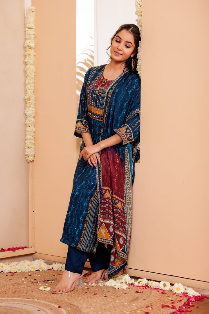 Blue Muslin Silk Straight Cut Kurta Set