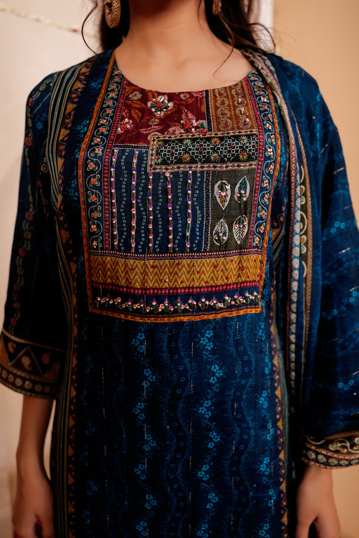 Blue Muslin Silk Straight Cut Kurta Set