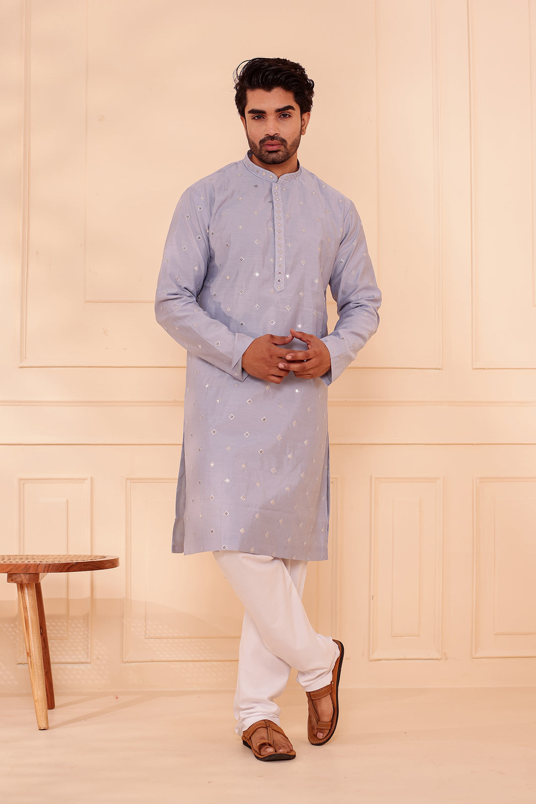 Greyish Blue Soft Silk Kurta Suit with Sequin & Thread Embroidery