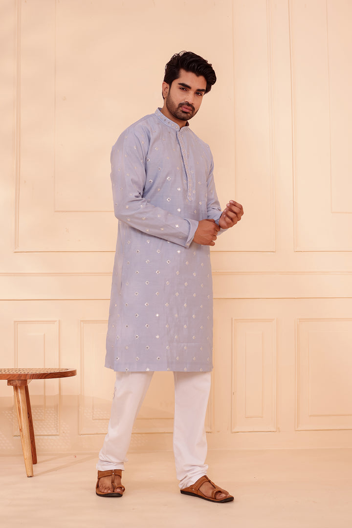 Greyish Blue Soft Silk Kurta Suit with Sequin & Thread Embroidery