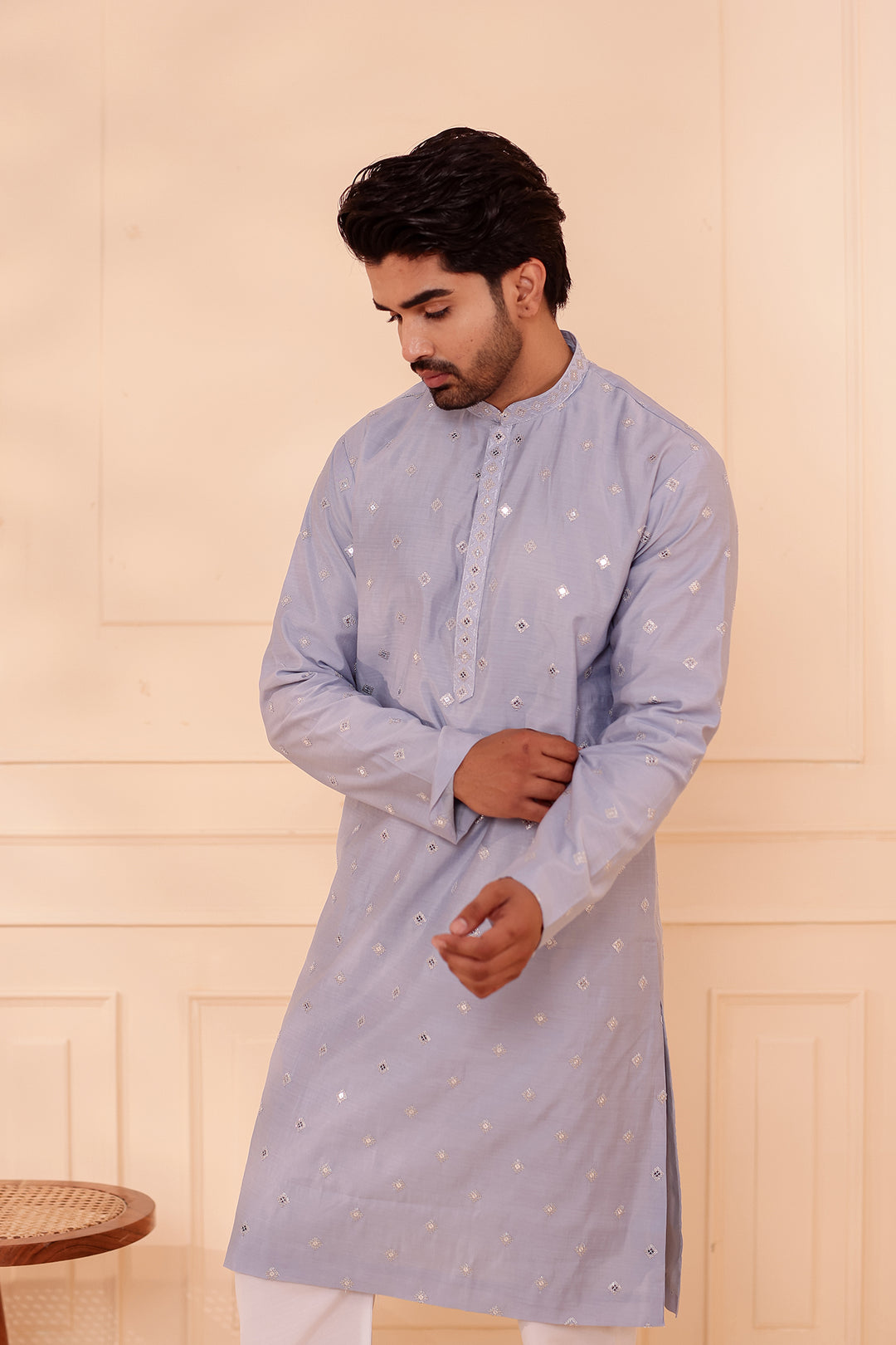 Greyish Blue Soft Silk Kurta Suit with Sequin & Thread Embroidery