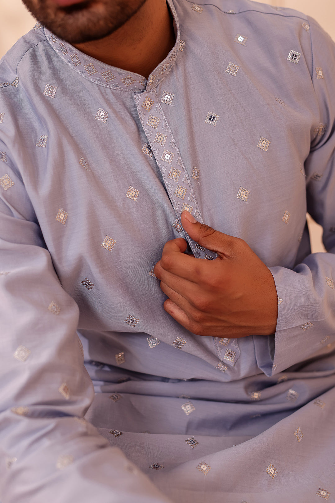 Greyish Blue Soft Silk Kurta Suit with Sequin & Thread Embroidery
