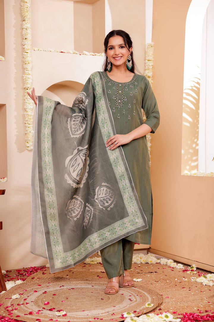 Mehndi Green Soft Silk Straight Cut Kurta Set