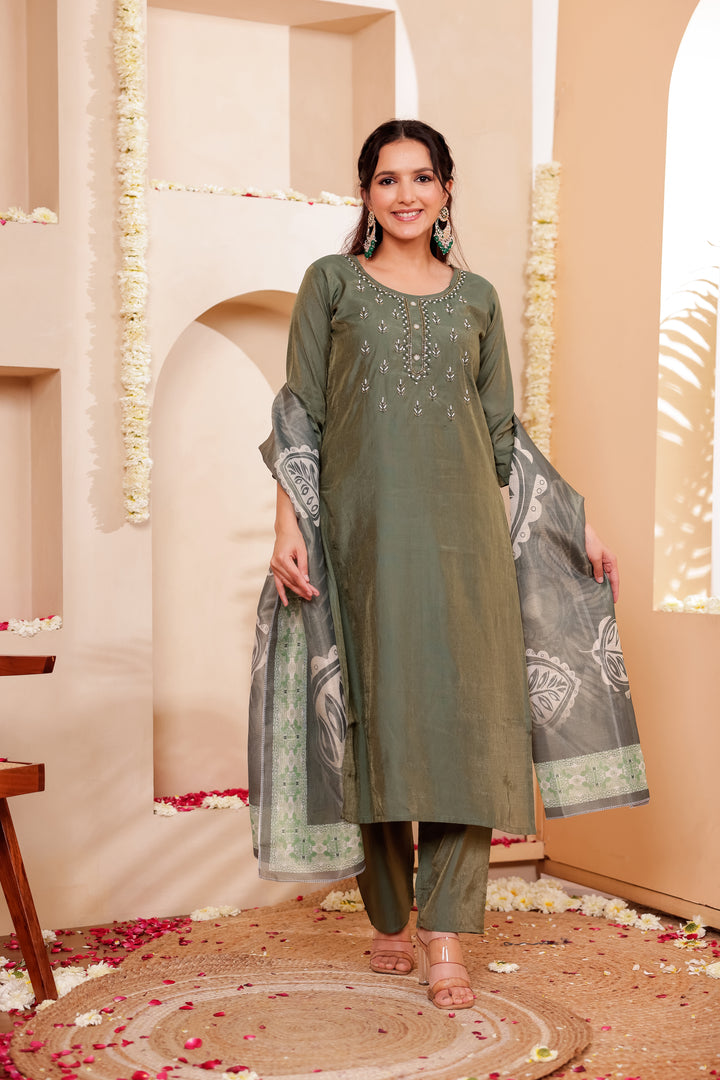 Mehndi Green Soft Silk Straight Cut Kurta Set