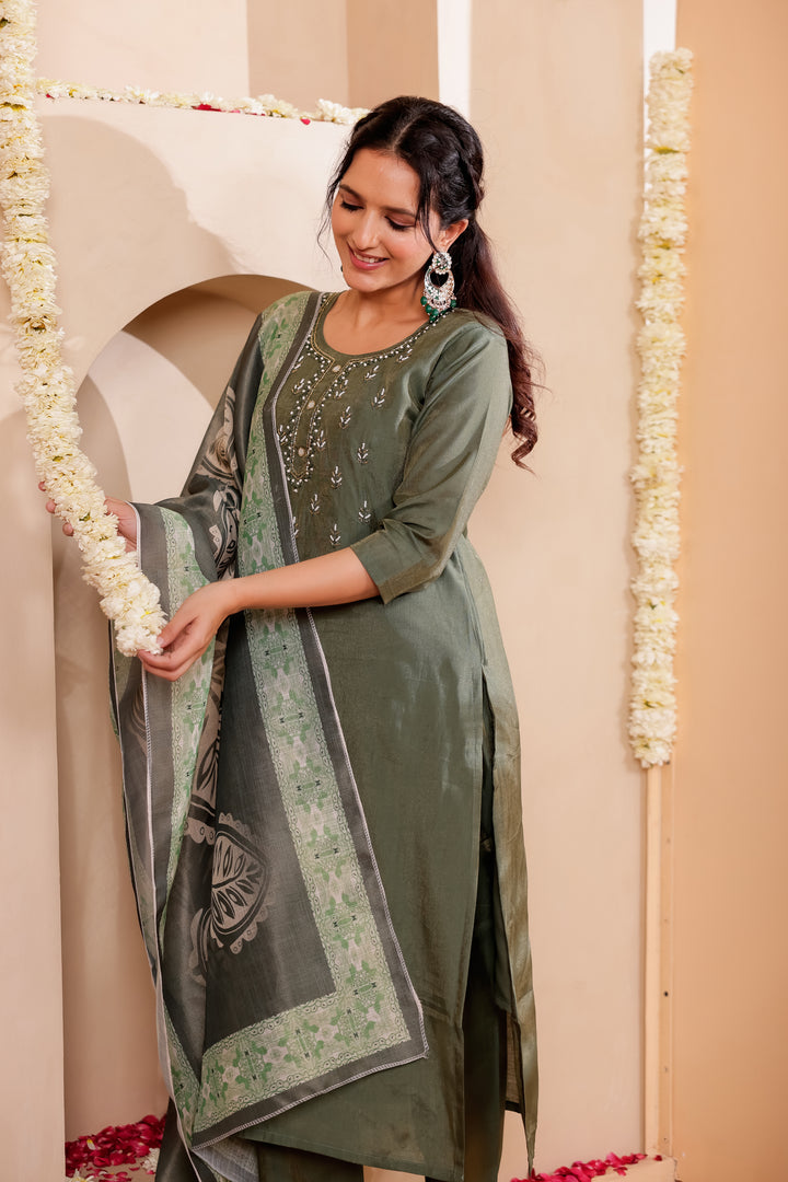 Mehndi Green Soft Silk Straight Cut Kurta Set