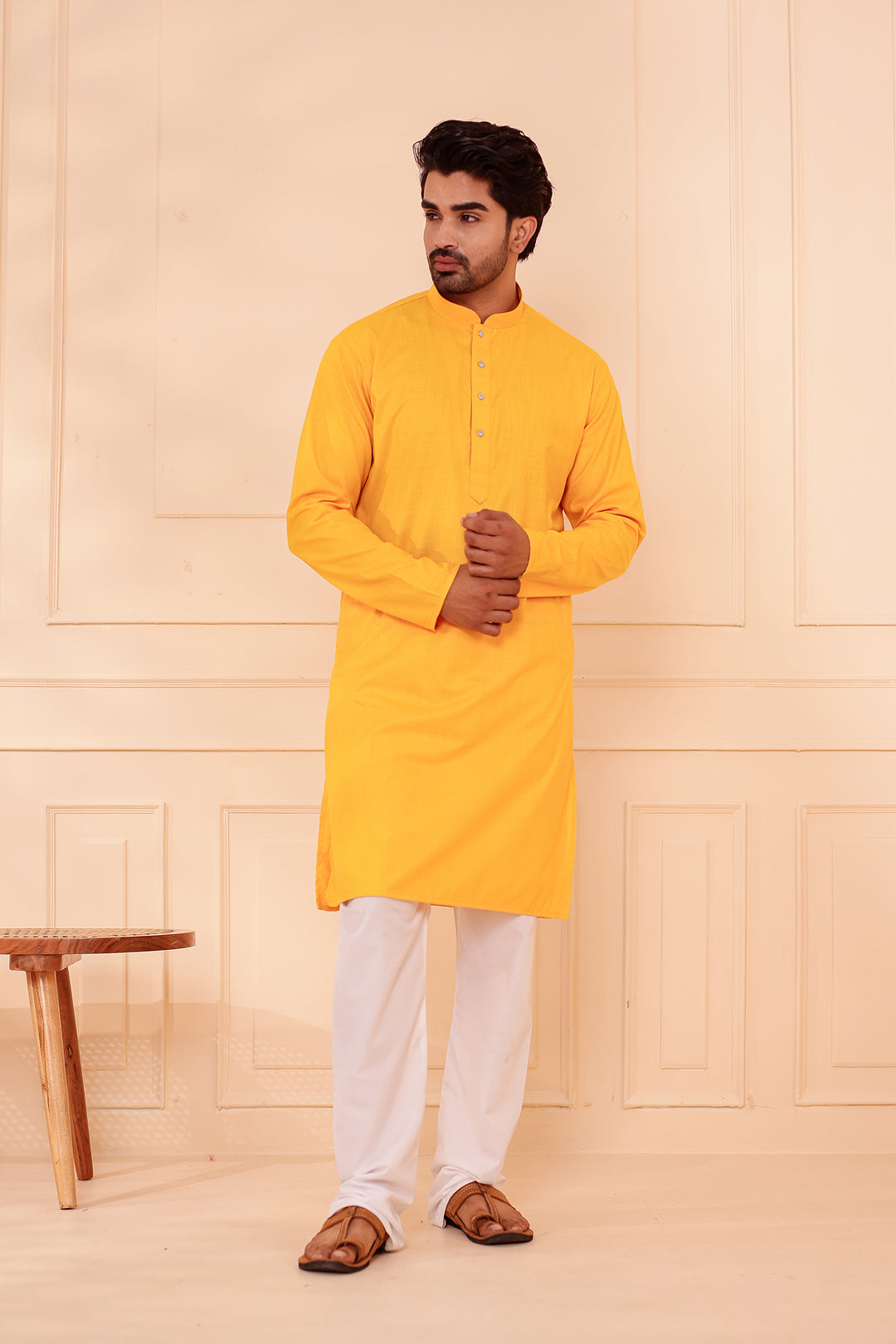 Yellow Soft Cotton-Polyester Kurta Suit.