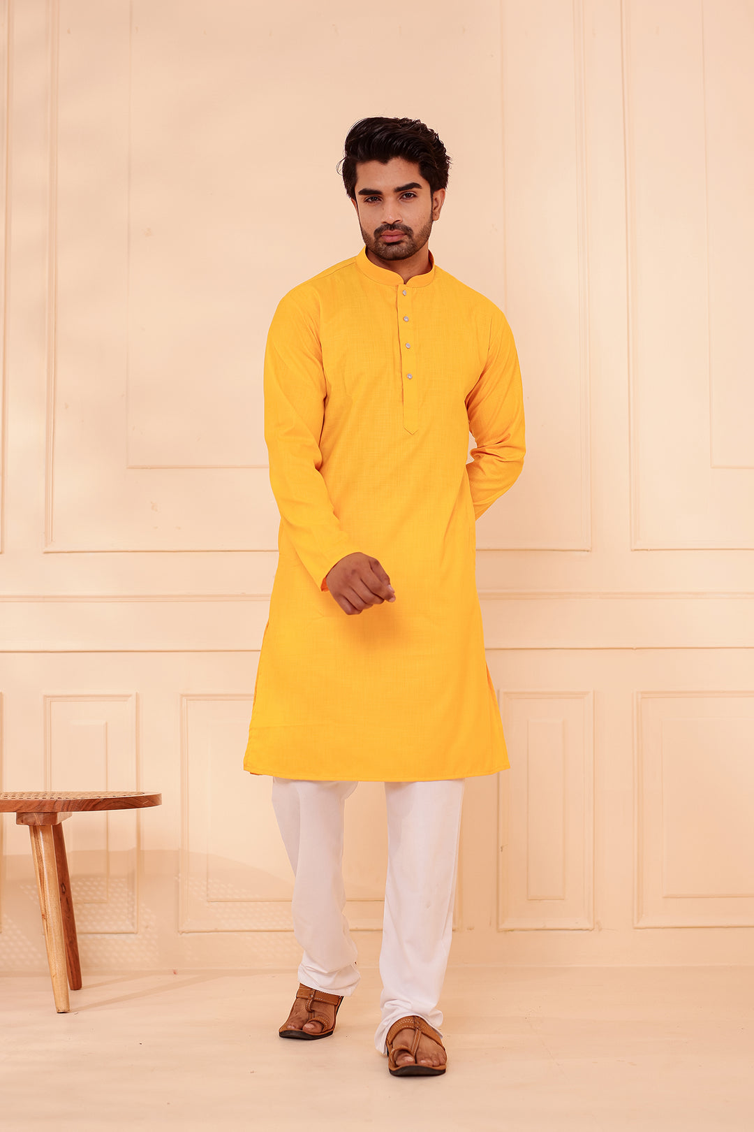Yellow Soft Cotton-Polyester Kurta Suit.