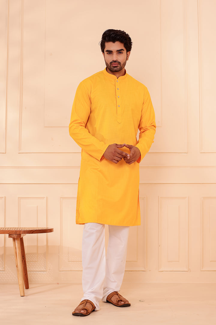 Yellow Soft Cotton-Polyester Kurta Suit.
