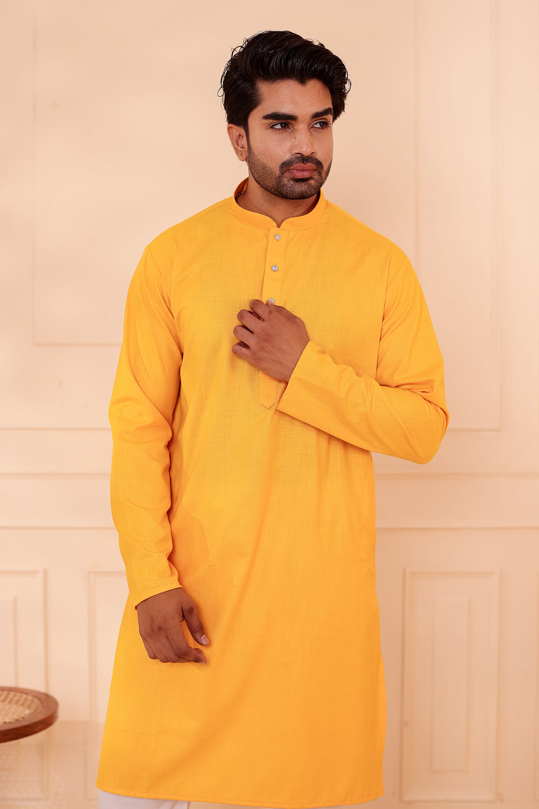 Yellow Soft Cotton-Polyester Kurta Suit.