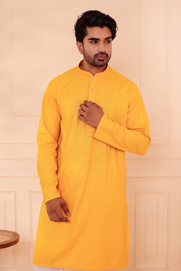 Yellow Soft Cotton-Polyester Kurta Suit.