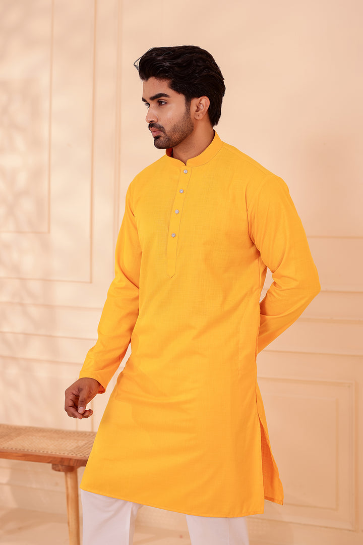 Yellow Soft Cotton-Polyester Kurta Suit.