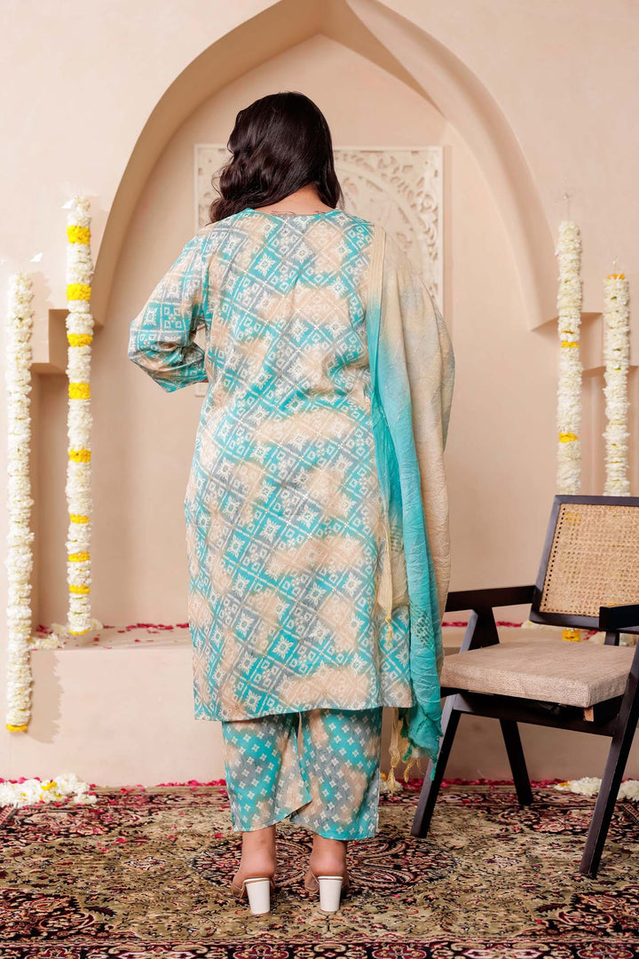 Firozi Shaded Bandhani Print Straight Cut Rayon Kurta Set.