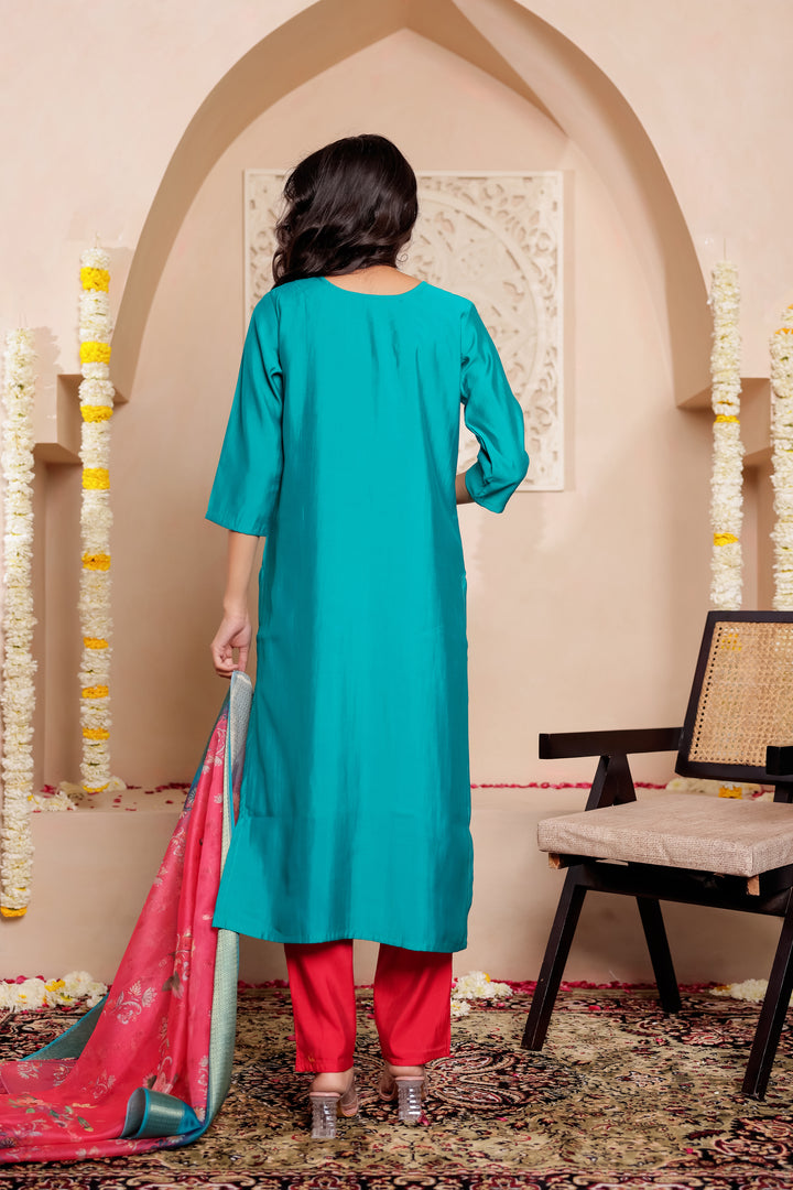 Jade Blue Soft Silk Straight Cut Kurta Set