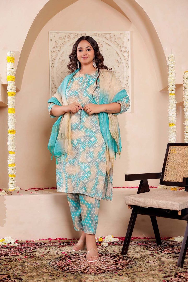 Firozi Shaded Bandhani Print Straight Cut Rayon Kurta Set.