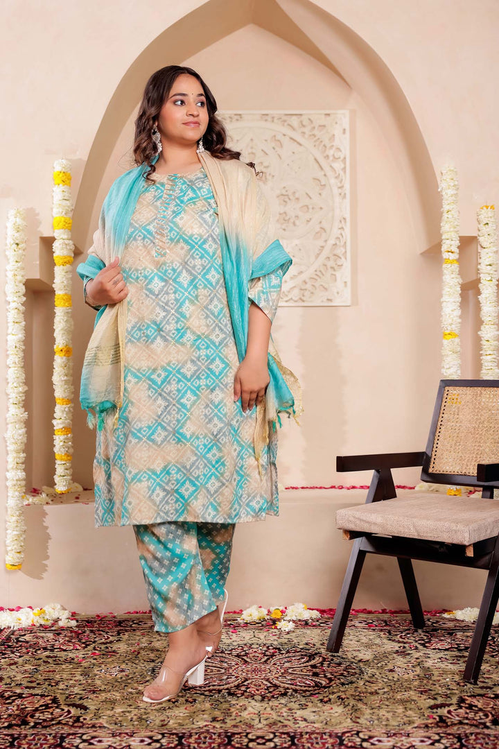 Firozi Shaded Bandhani Print Straight Cut Rayon Kurta Set.
