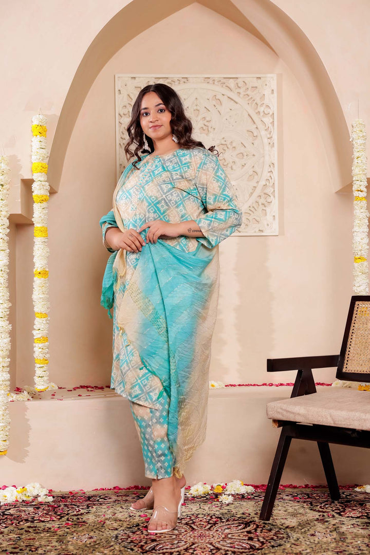 Firozi Shaded Bandhani Print Straight Cut Rayon Kurta Set.