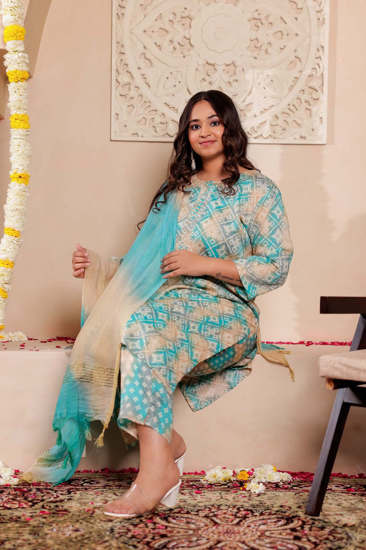 Firozi Shaded Bandhani Print Straight Cut Rayon Kurta Set.