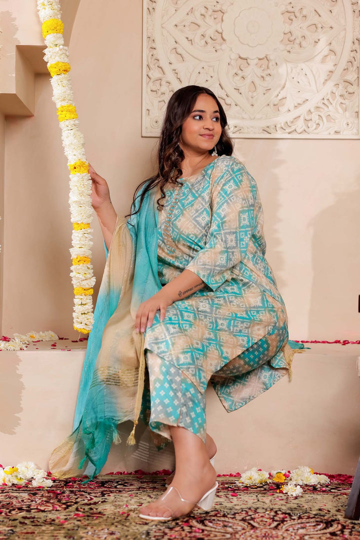 Firozi Shaded Bandhani Print Straight Cut Rayon Kurta Set.