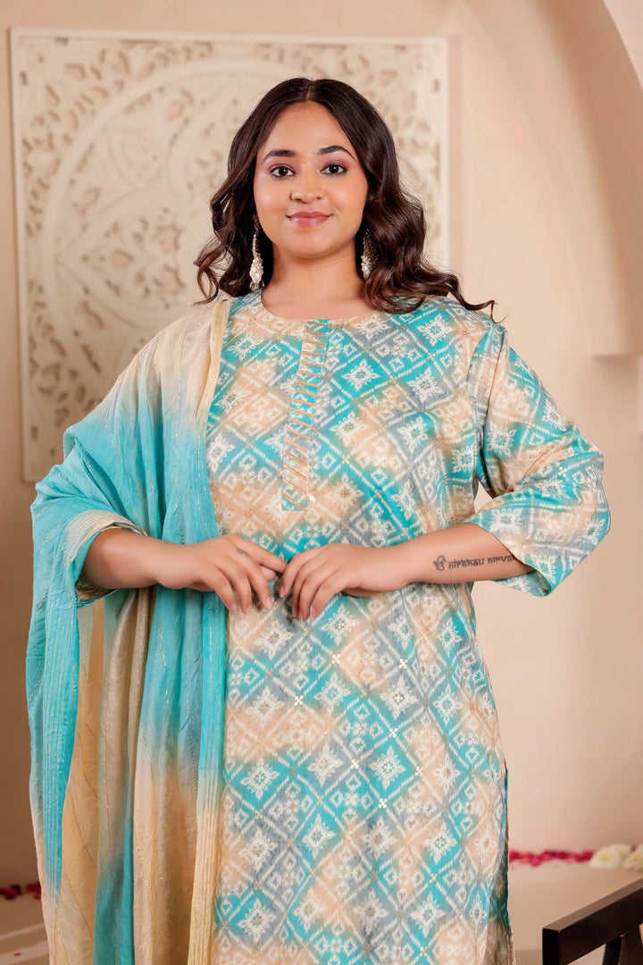 Firozi Shaded Bandhani Print Straight Cut Rayon Kurta Set.