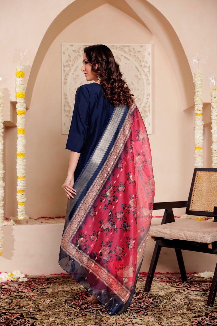 Navy Blue Soft Silk Straight Cut Kurta Set
