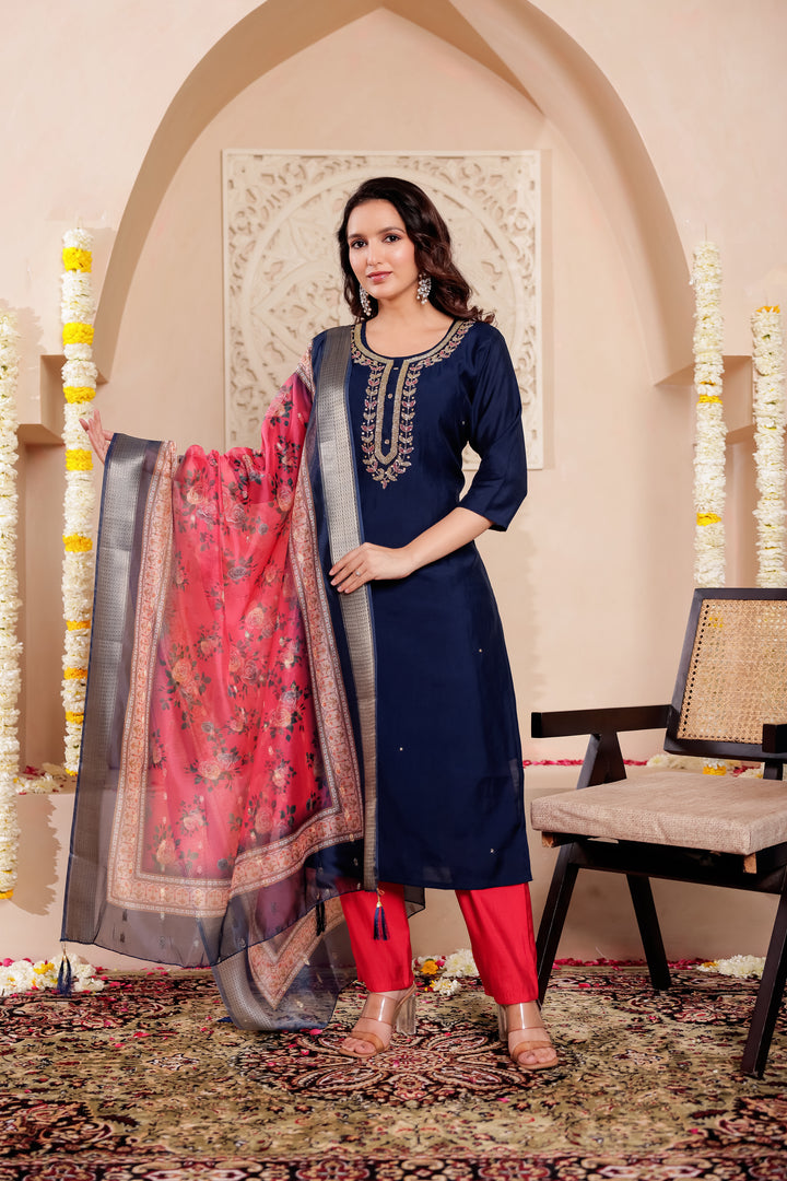 Navy Blue Soft Silk Straight Cut Kurta Set