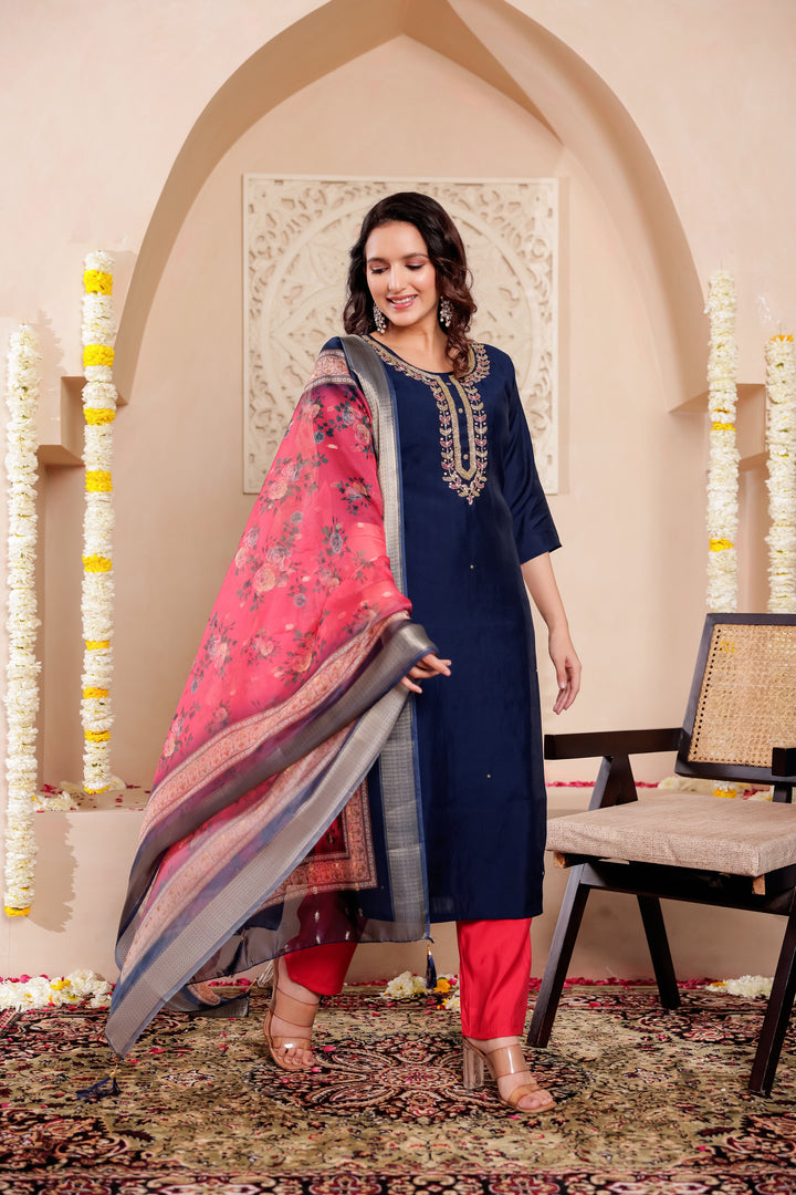 Navy Blue Soft Silk Straight Cut Kurta Set