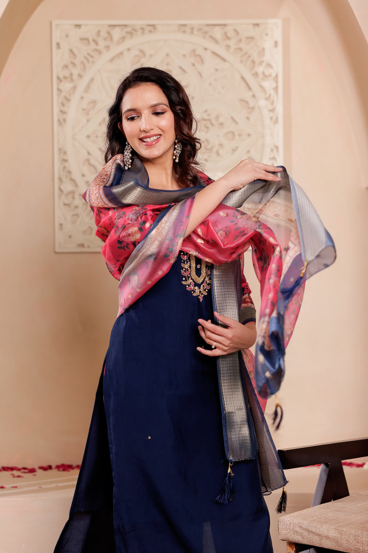 Navy Blue Soft Silk Straight Cut Kurta Set