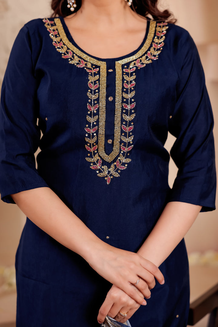 Navy Blue Soft Silk Straight Cut Kurta Set