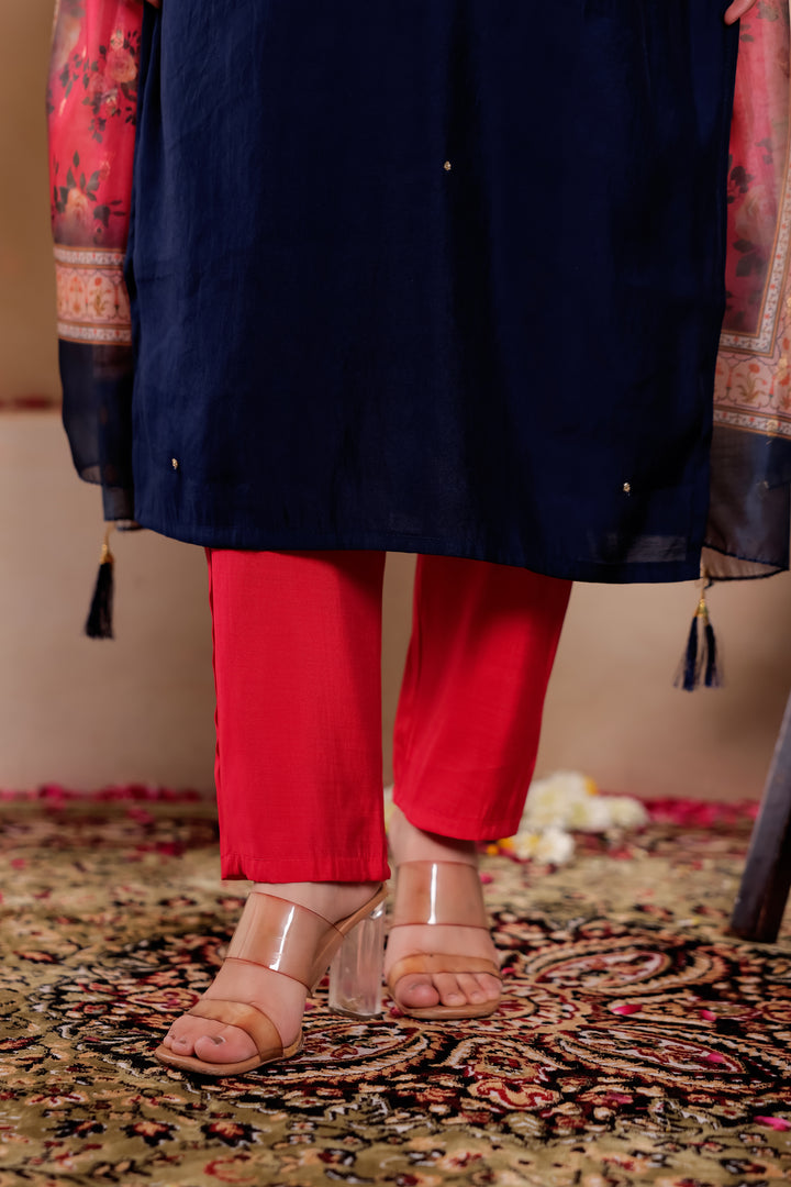 Navy Blue Soft Silk Straight Cut Kurta Set