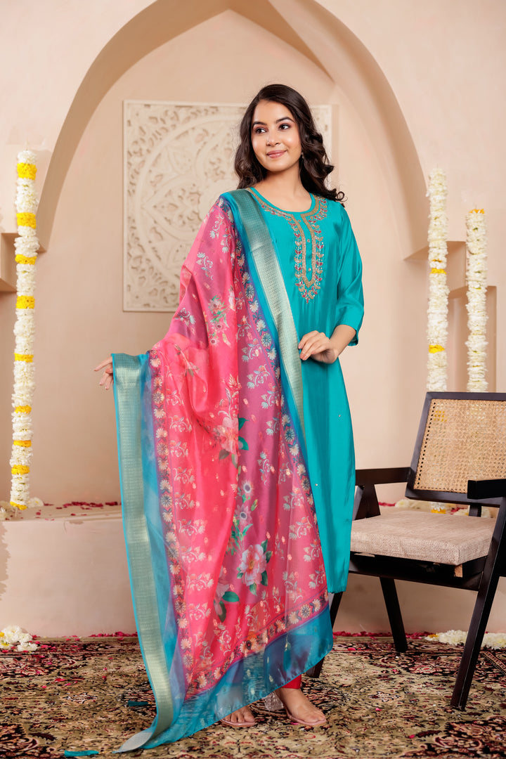 Jade Blue Soft Silk Straight Cut Kurta Set