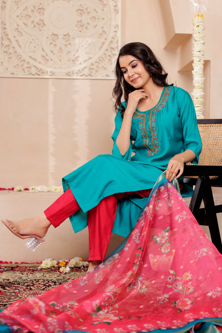 Jade Blue Soft Silk Straight Cut Kurta Set