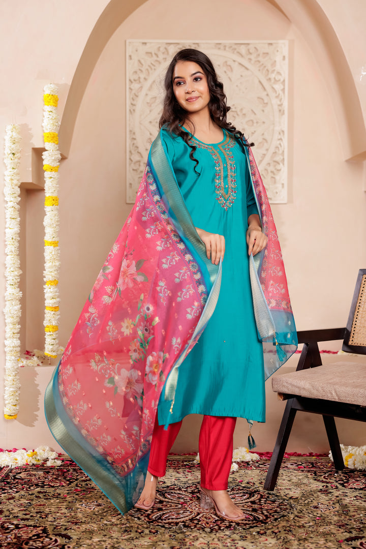 Jade Blue Soft Silk Straight Cut Kurta Set