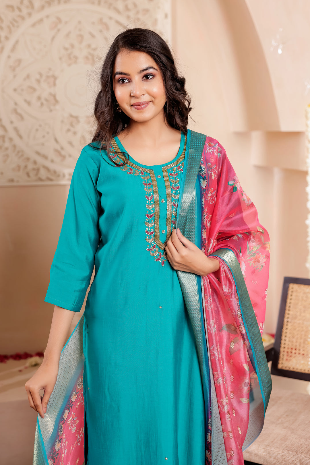 Jade Blue Soft Silk Straight Cut Kurta Set