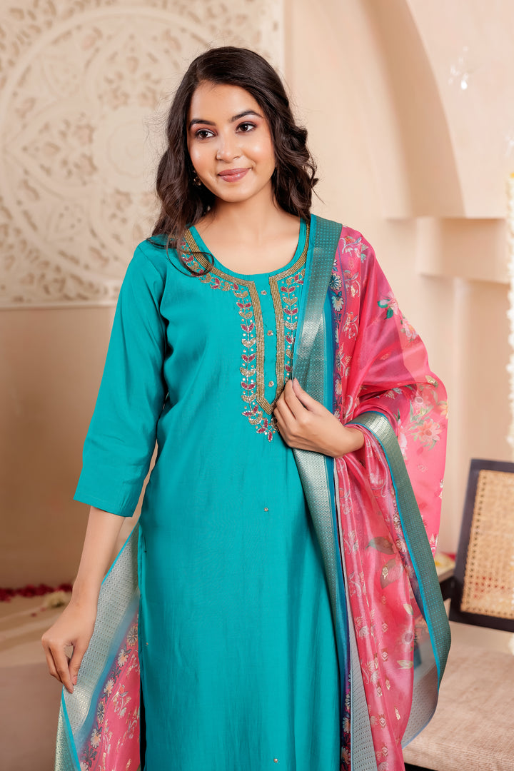 Jade Blue Soft Silk Straight Cut Kurta Set