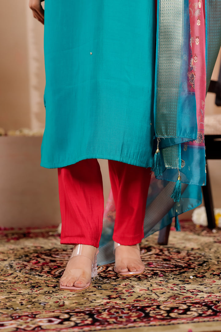 Jade Blue Soft Silk Straight Cut Kurta Set