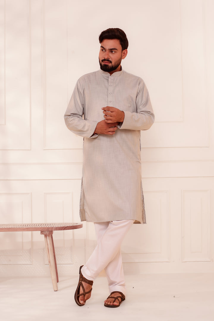 Grey Soft Cotton-Polyester Kurta Suit.