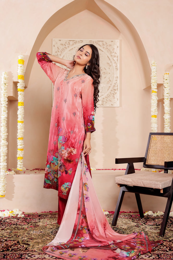 Maroon Crepe Silk Straight Cut Kurta Set