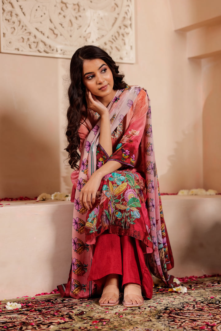 Maroon Crepe Silk Straight Cut Kurta Set